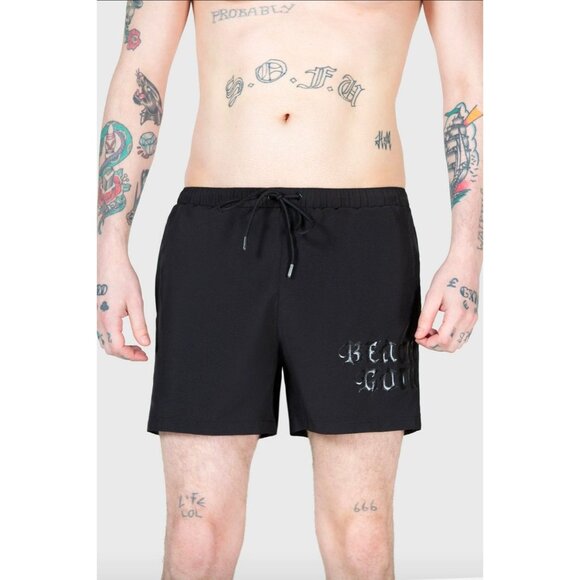 Killstar ✦ Dive Into Hell Swim Shorts L ✦ Beach Goth Foil Detail Black NWT - Picture 1 of 5